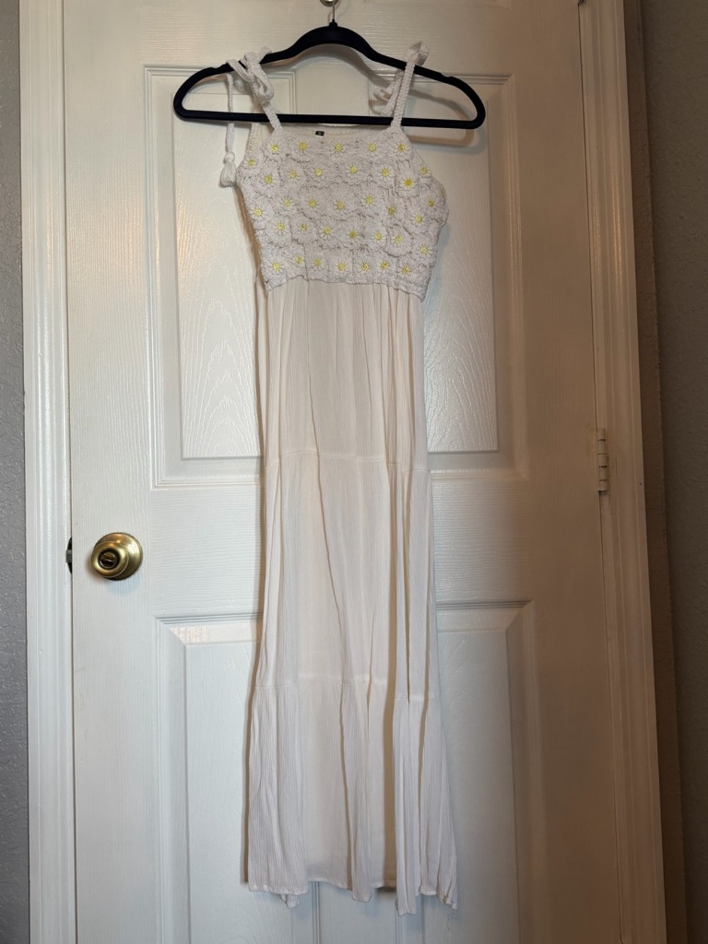 White Daisy-Embroidered Maxi Dress with Tie Straps